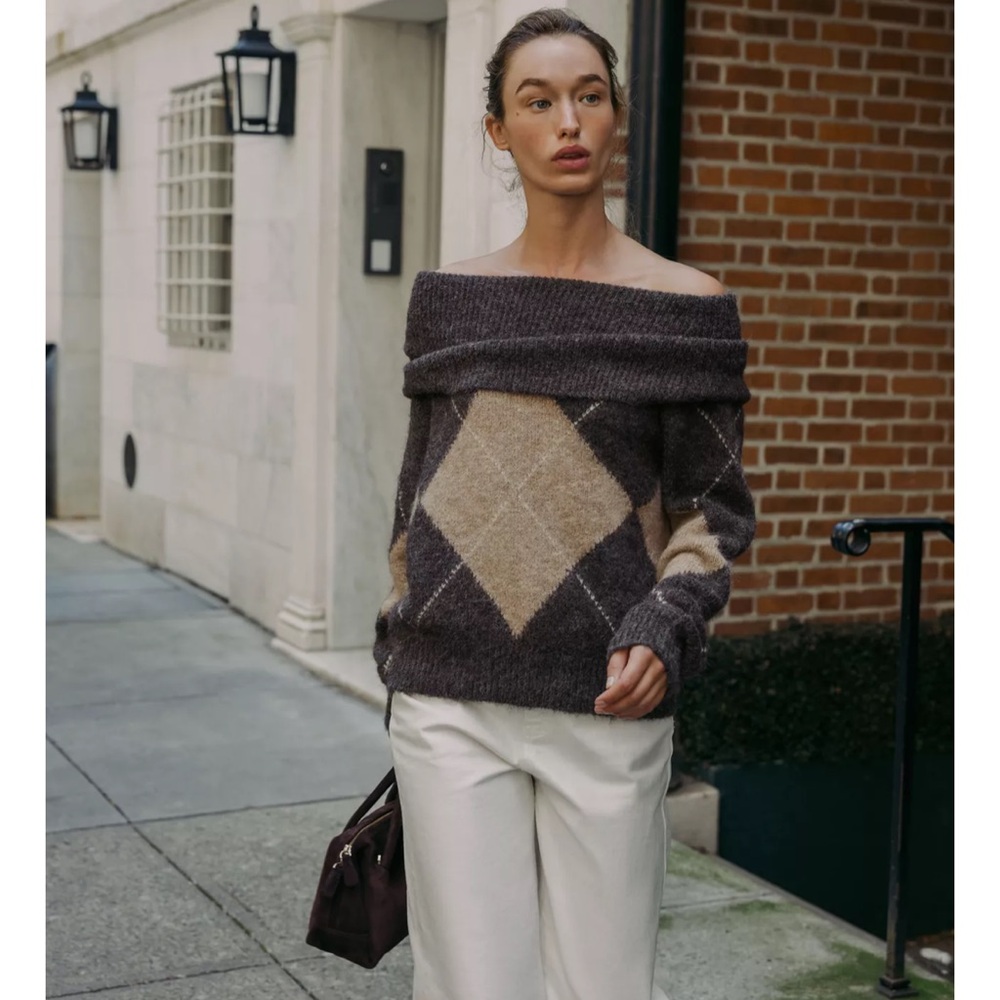 Zara ARGYLE OFF-THE-SHOULDER KNIT SWEATER